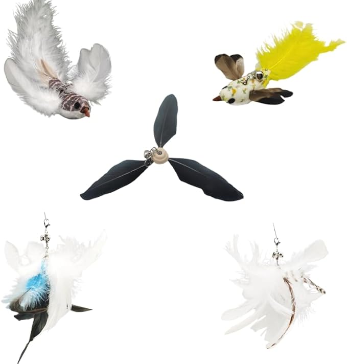 CUTIE PAW PAL Variety Play Set, 5 Pack Refills for Wand and Fishing Poles, Spring Wires, Door/Wall Hang Ropes. 2 Bird, 2 Feather & Windmill Cat Toys - Bells & Easy Clip-On