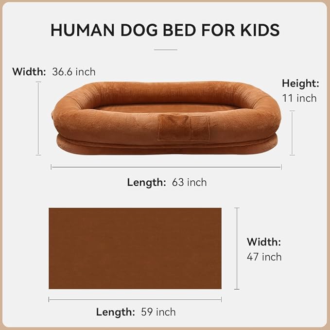 Human Dog Bed 63”x36.6”x11” Large Dog Bed with Raised Cushioned Rim, Removable Cover, Waterproof Lining and Bonus Blanket; Washable-Luxury Fluffy Nap Bed (63"x36.6"x11", Brown)