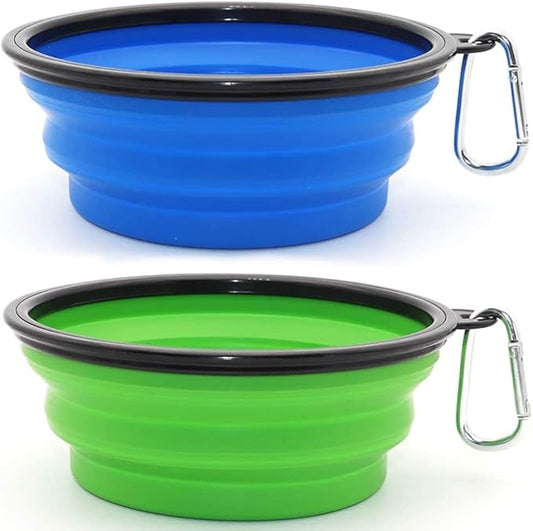 Large Dog Bowl Pet Collapsible Bowls, 2 Pack Collapsible Dog Water Bowls for Cats Dogs, Portable Pet Feeding Watering Dish for Walking Parking Traveling with 2 Carabiners (Large, Blue+Green)