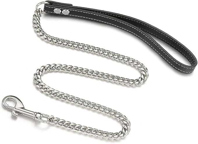 3FT/4FT/5FT Heavy Duty Silver Dog Chain Leash 10MM Stainless Steel Miami Cuban Link Chain with Durable Genuine Leather Handle for Training Walking(10mm,5ft)…