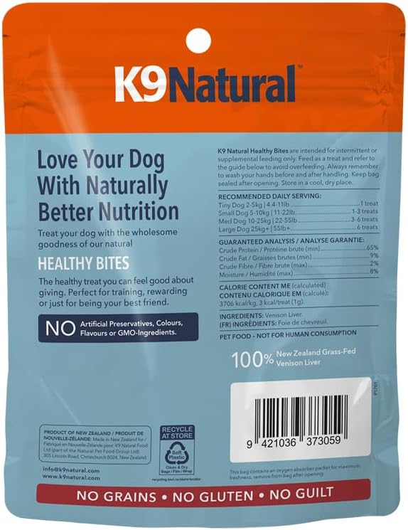 K9 Natural Grain-Free Freeze-Dried Dog Treat, Venison Liver Bites 1.76oz