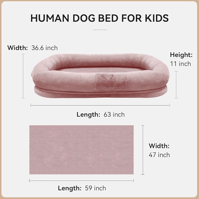 Human Dog Bed 63”x36.6”x11” Large Dog Bed with Raised Cushioned Rim, Removable Cover, Waterproof Lining and Bonus Blanket; Washable-Luxury Fluffy Nap Bed (63"x36.6"x11", Pink)