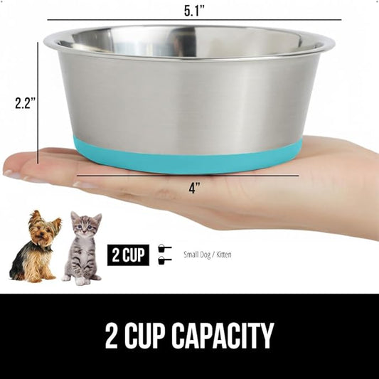 GORILLA GRIP Dog Bowls, Holds 2 Cups Each (16 fl oz), Heavy Duty Stainless Steel Food and Water Bowl for Feeding Dogs and Cats, Dishwasher Safe, Rust Resistant BPA Free Rubber Base, Set of 2 Turquoise