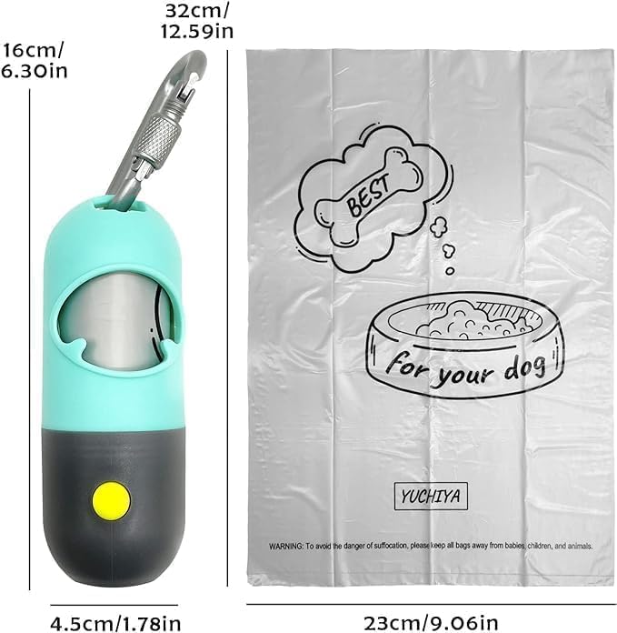 Dog Poop Bag Holder Dispenser with LED Flashlight - Night Visibility for Safe Evening Walks | Upgraded Hands-Free Leash Clip | Includes 15 Dog Waste Bags(Green)