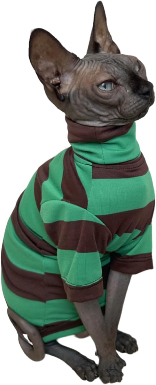 Vintage Stripes Sphynx Hairless Cats Shirt Cotton Cat Turtleneck Pet Clothes Kitten T-Shirts with Sleeves for Sphynx Cats (Wide Green Brown Stripe, Small)
