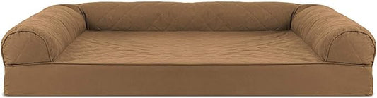 Furhaven Cooling Gel Dog Bed for Large Dogs w/ Removable Bolsters & Washable Cover, For Dogs Up to 95 lbs - Quilted Sofa - Toasted Brown, Jumbo/XL