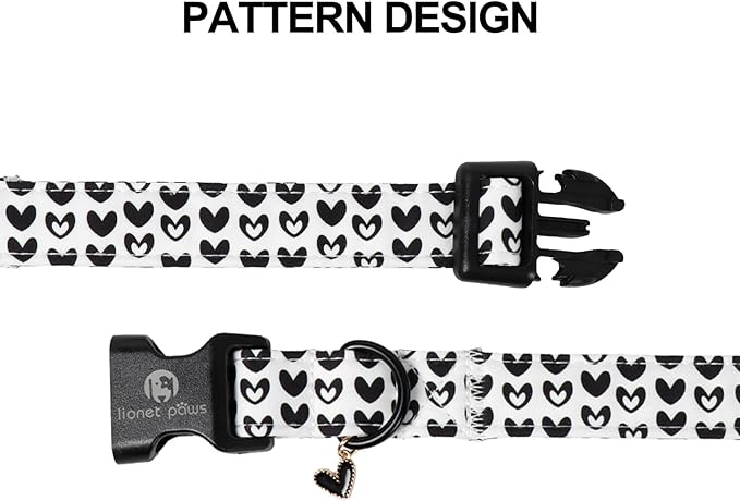 Lionet Paws Valentine's Day Dog Collars - Black Hearts White Dogs Collar with Plastic Buckle andHeart Pendant,Dog Collar for Small Medium Dogs