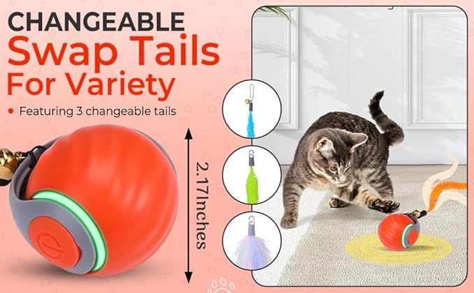 Dr. Fluffyyes Interactive Cat Toy Ball - Motion-Activated, USB Rechargeable Cat Toys for Indoor Cats with Anti-Scratch Cover & 2 Changeable Tails - Enrichment Toy for Active Cats & Kittens