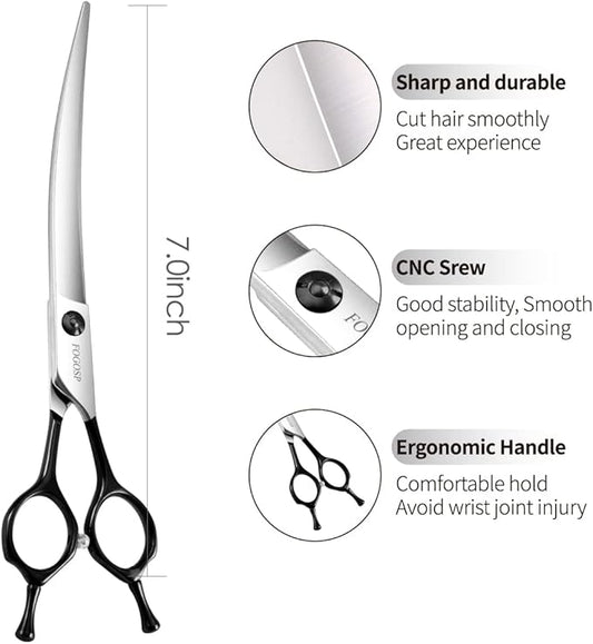 FOGOSP Curved Dog Grooming Scissors Professional 7" Grooming Shears for Dogs Pet Right Handed Groomer Japan 440C Stainless Steel (7 in Curved, Black)