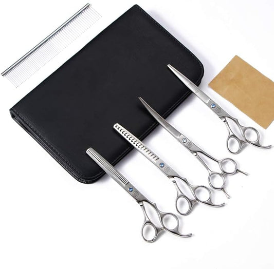Professional Dog Scissors Set, 7 Inch/8 Inch Curved Chunkers & Thinning Shears with Grooming Comb