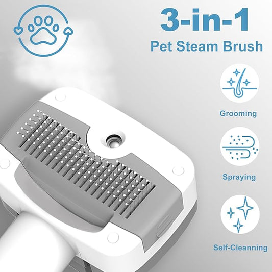 Pawimood Pet Steam Brush for Dogs & Cats, 3-in-1 Steam Grooming Brush for Shedding & Hair Removal - Self Cleaning Spray Comb with Mist for Long Haired Pets - Includes Pet Essence