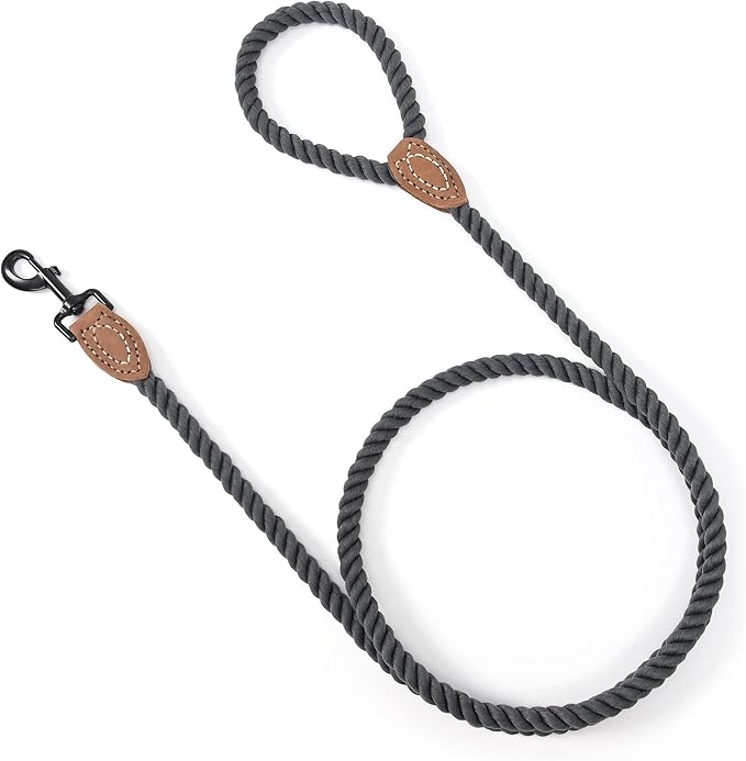 Mile High Life Dog Leash, Braided Cotton Rope Leashes with Leather Tailor Tip with Leather Tip - Heavy Duty Metal Clasp, 4FT, 1/2" Thick - Wedding, Walking for Medium Large Dogs(Dark Gray)