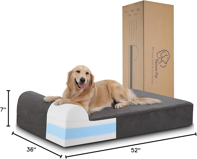 Rainmr Orthopedic Dog Beds for Large Dogs, 7" Memory Foam Dog Beds with Waterproof Liner, Durable Microsuede Cover, Removable and Washable, Nonskid Bottom, 52"x36"x7" XL Grey