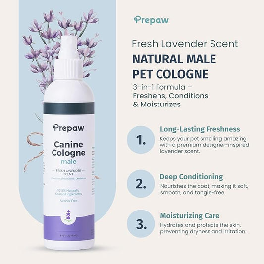 Prepaw Luxury Male Pet Cologne - Fresh Lavender Scent, 3-in-1 Formula Conditions & Moisturizes, Made with 94% Natural Ingredients, Long Lasting Fragrance, Safe & Easy to Use | 8 fl oz