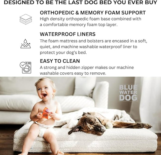 Bluewater Dog Luxury Boucle Orthopedic Memory Foam Dog Bed with Waterproof Liner and Machine Washable Cover with YKK Zippers (Small, 29" L x 23" W x 6" Th, Ocean Blue)