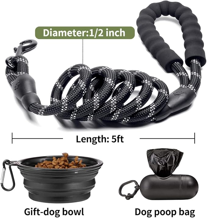 COOYOO 2 Pack Dog Leash 5 FT Heavy Duty - Comfortable Padded Handle - Reflective Dog Leash for Medium Large Dogs with Collapsible Pet Bowl¡