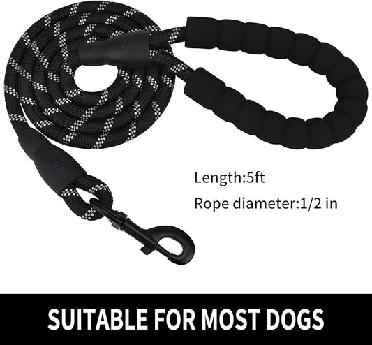 Panykoo 5/6 FT Strong Pet Dog Leash with Soft Padded Handle,Highly Reflective Rope for Night Walking,360-Degree Rotating Metal Buckle Without Tangles,Suitable for Small,Medium and Large Dogs.(5ft)