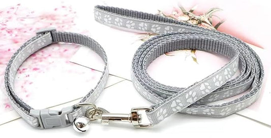 Cat Collars with Bell Leash Set, Nylon Basic Reflective Puppy Collar Boy Girls Paw Print for XXS Xs Small Dog Kitten Pet Animal Tiny,Grey