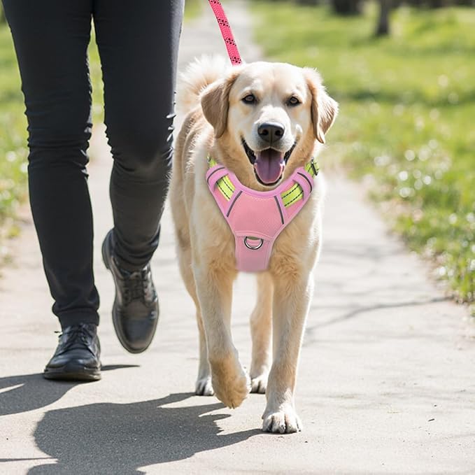 BARKBAY No Pull Dog Harness Large Reflective Dog Harness with Front Clip and Easy Control Handle for Walking Training Running with ID tag Pocket(Baby Pink & Sunlight,XL)