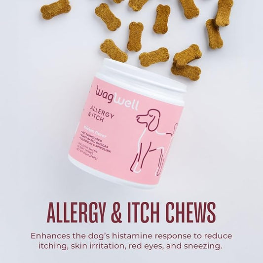 WagWell Allergy & Itch Chews – Vet-Formulated, All Natural, Made in The USA – Plant-Based Dog Allergy Chews with Colostrum and Spirulina – Supports Dog Allergy Relief and Digestive Health, 60 Chews