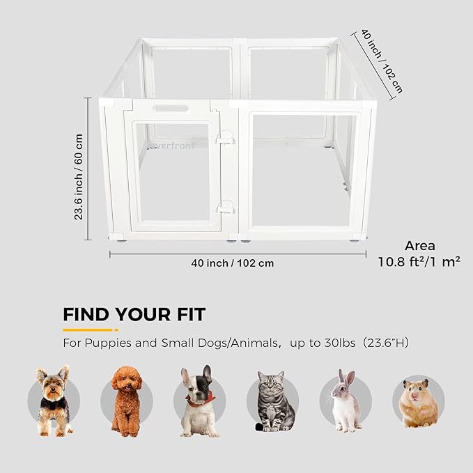 EVERFRONT Clear Acrylic Plastic Dog Playpen - Clear Dog Play Pen - Easy Assemble Acrylic Dog Playpen - Puppy Playpen, Cat Playpen, Small Animal Playpen, Dog Play Pen Indoors (White, 23.6“ H, 8PCS)