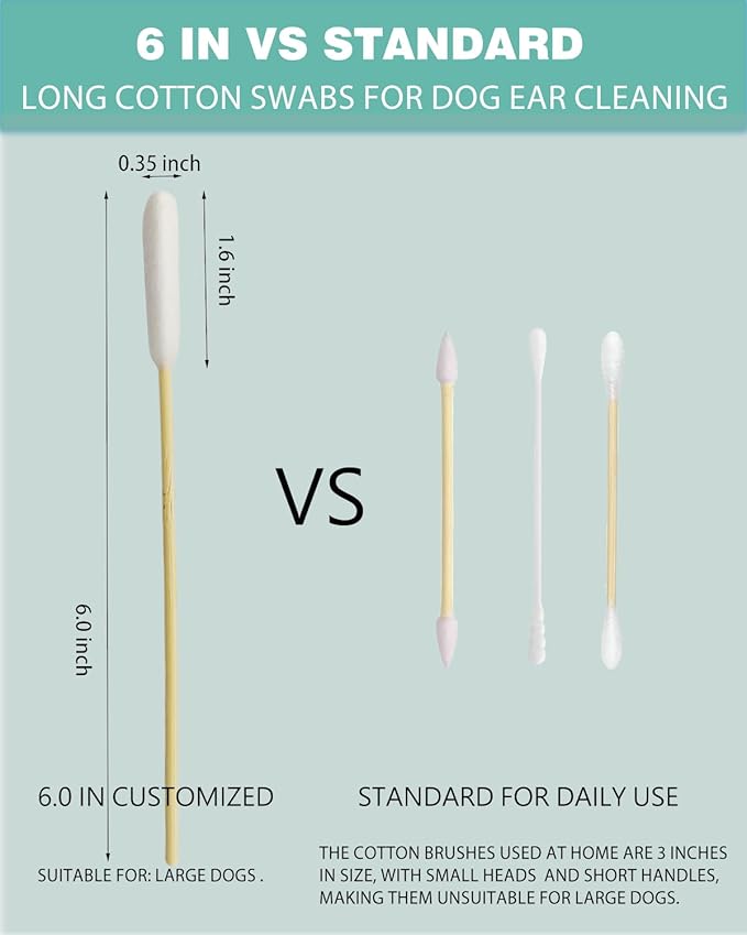 Dog Ear Cleaning Swabs 6 Inch (200 Count) - Extra Long Cotton Swabs for Large Dogs - Sturdy Bamboo Applicator Tool for Wax Removal, Oily-Eared Breeds & Grooming - Safe Cleaning Sticks