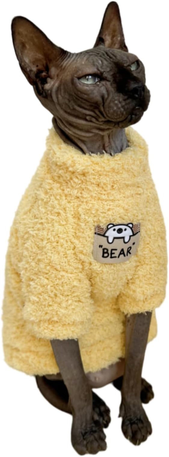 Sphynx Cat Clothes Hairless Cat Super Soft Warm Fleece T Shirt Elastic Winter Sweater Outfit, Pet Clothes for Sphynx Cat Coat for Cats and Small Dogs Apparel (Yellow, X-Large)