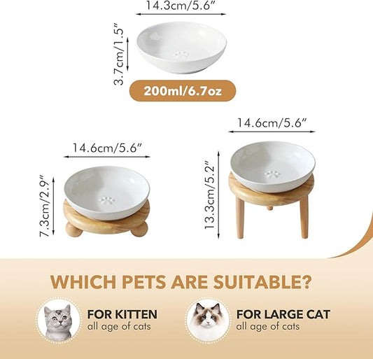 Havniva Raised Ceramic Wide Whisker Friendly Cat Dish, Anti-Slip Food&Water Bowl with 2 Style Stand Adjustable Pet Bowl Set (1Dish+Stand, White)