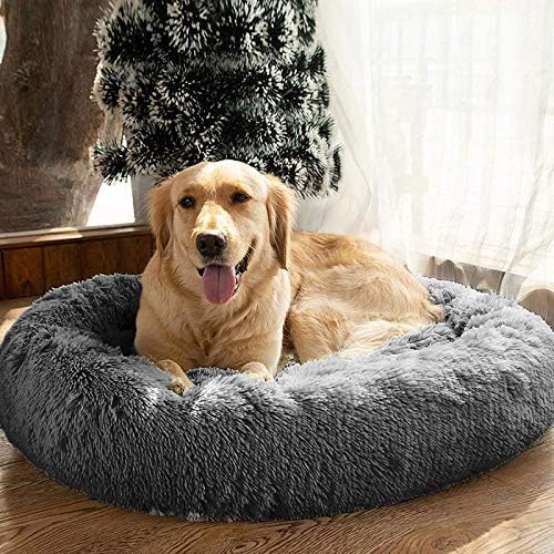 MFOX Calming Dog Bed for Medium and Large Dogs Comfortable Pet Bed Faux Fur Donut Cuddler, Grey, 27.0" L x 27.0" W x 8.0" Th