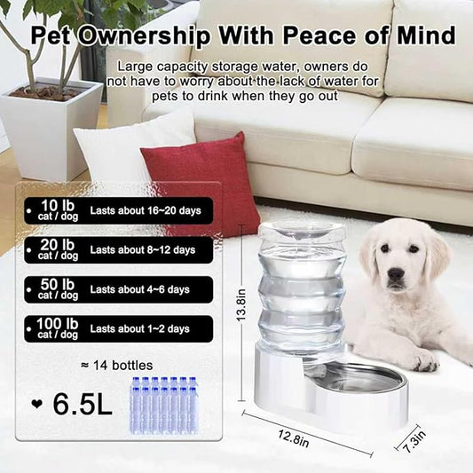 RIZZARI Automatic Gravity Pet Dispenser: 6.5L Large Capacity -No Power Needed -Stainless Steel with Triple Filter & Brush for Medium Dogs -Multiple Pets - Busy Pet Owners - Living Room -Kennel