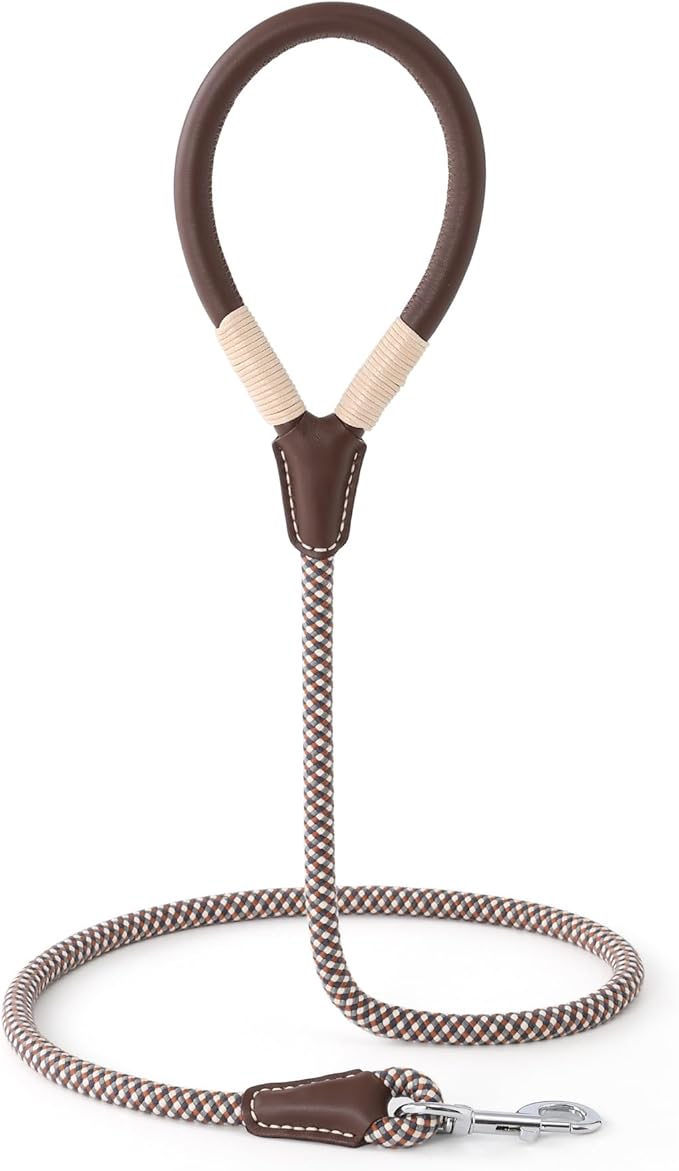 Mile High Life Genuine Leather Wrapped Handle Dog Leash, w Heavy Duty Clasp Rope Leash for Small Medium Large Dogs (Brown, 5FT)