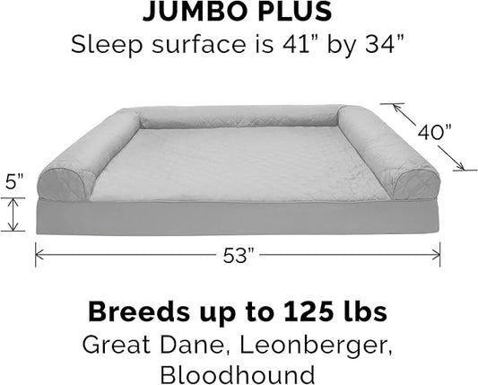 Furhaven Cooling Gel Dog Bed for Large Dogs w/ Removable Bolsters & Washable Cover, For Dogs Up to 125 lbs - Quilted Sofa - Silver Gray, Jumbo Plus/XXL