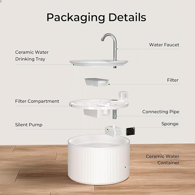 Voluas Ceramic Cat Water Fountain: 2.2L/74oz Cat Fountains for Drinking, Automatic Pet Water Dispenser with Ultra-Quiet Pump and Replacement Filter, Kitty Watering Supplies Indoor Easy Clean BPA-Free
