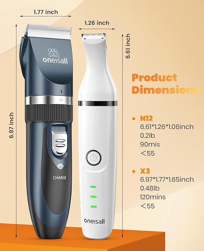 oneisall 4 in 1 Dog Clippers and Paw Trimmer Grooming Kit, Low Noise Cordless Dog Clippers for Grooming Pet Hair Trimmers for Small and Large Dogs Cats Animals