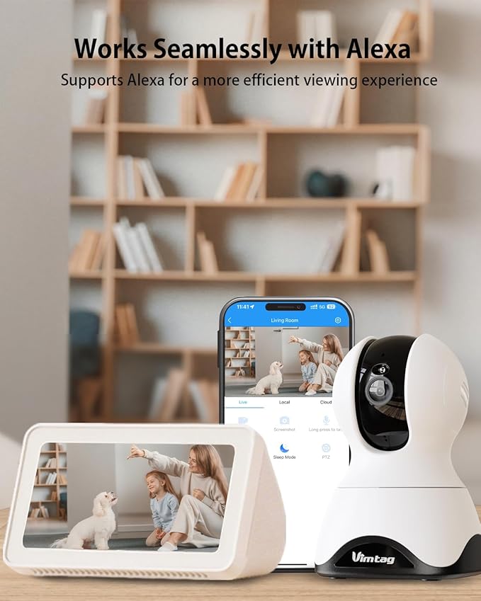VIMTAG Indoor Pet Camera, 2.5K Dog Camera with Phone App, 360ยฐ Pan/Tilt Security Camera Indoor for Home/Nanny/Baby/Cat/Room, Dual-Band WiFi, Night Vision, Motion Tracking, 2-Way Audio, Cloud & SD Card