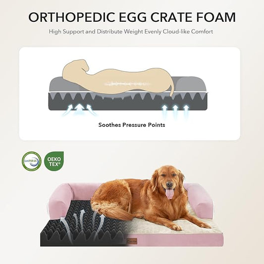 Casa Paw Orthopedic Dog Beds for Large Sized Dogs, Waterproof Egg Crate Foam Large Dog Couch Beds with Comfy Bolster 36x27Inch, Washable Pet Beds with Removable Cover and Nonskid Bottom, Pink