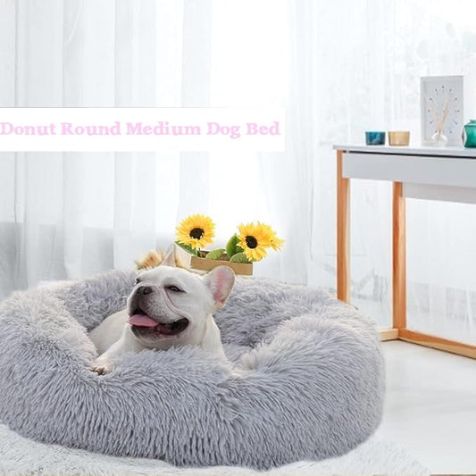 Calming Dog Bed for Medium Dogs Washable Donut 30 inches Anti-Slip Pet Bed,Round Fluffy Plush Faux Fur Cat Bed,Fits up to 45 lbs Pets,Frost Grey