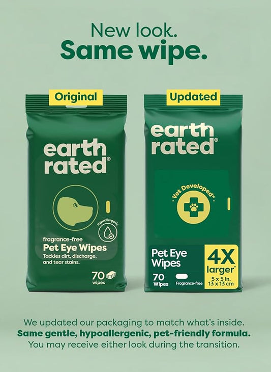 Earth Rated Vet-Developed Pet Eye Wipes, Hypoallergenic Cleaner for Dogs & Cats Eyes to Remove Dirt & Discharge, Fragrance Free, 70 Count