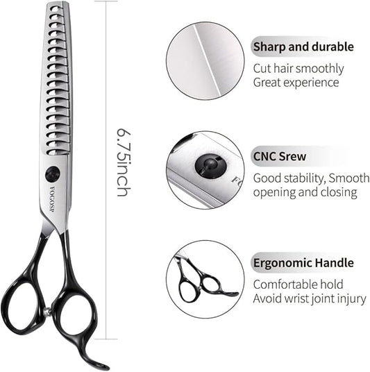 FOGOSP Dog Thinning Shears for Grooming 6.75" Chunker Shears Quickly Thinning Thick Hair Professional Dog Grooming Scissors for Small Dogs Right Handed Groomer Japan 440C 18 Teeth (Chunker, Black)
