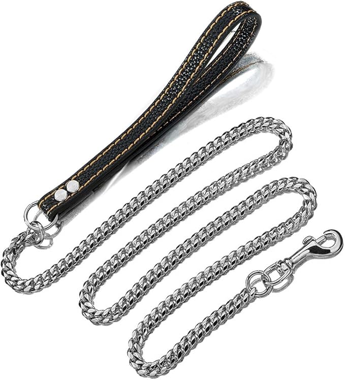 3FT/4FT/5FT Heavy Duty Silver Dog Chain Leash 14MM Stainless Steel Miami Cuban Link Chain with Durable Genuine Leather Handle for Training Walking(14mm,3ft)…