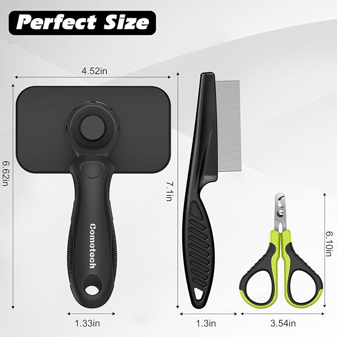 Comotech 3PCS Cat Grooming Supplies, Cat Brush & Nail Clipper/Trimmer & Flea Comb for Shedding Indoor Cats Essentials Stuff Accessories (Black)