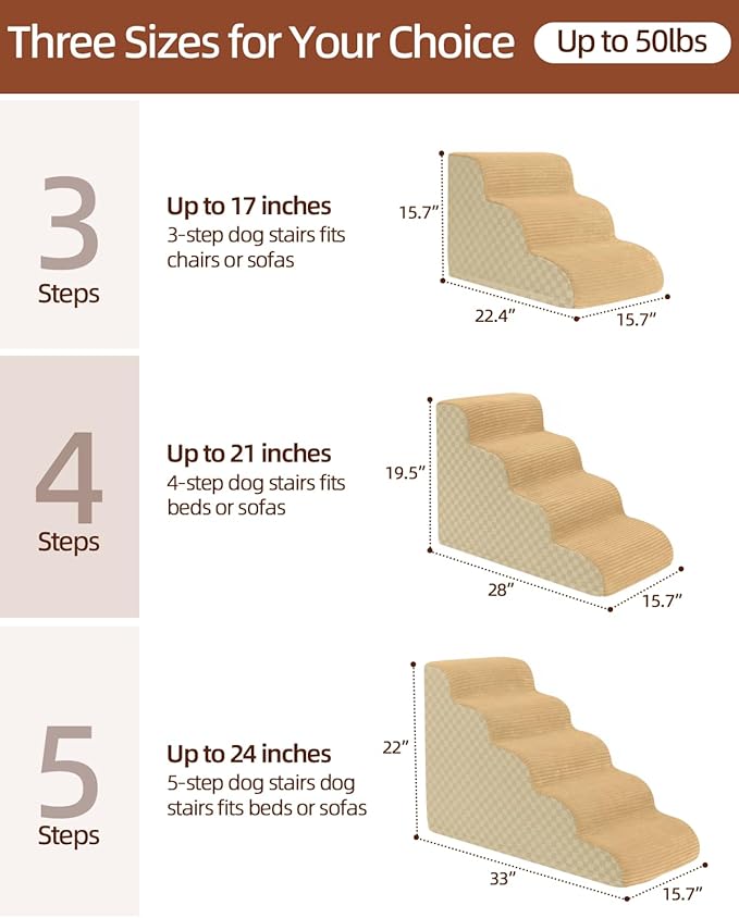 Dog Stairs Curved Ramp for Small Dogs 19.5" H, 4-Step Pet Stairs for Couch Bed with High Density Foam, Dog Slope Stairs with Durable Non-Slip Bottom Khaki