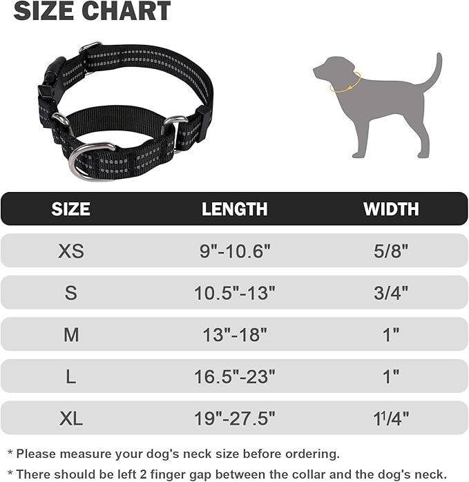 Hikiko Martingale Collar for Dogs Reflective Nylon Dog Collar with Quick Release Buckle Adjustable Training No Slip Dog Collar (Small, Black)