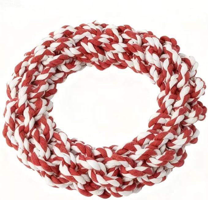 wisingofuix Pet Cotton Ring Dog Toy, Braided Rope Chew Ring for Medium and Large Dogs, 20x20x5cm, Durable Training Toy (Redwhite)