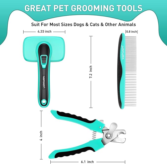 WOPQAEM Dog Brush - 3 Pcs Self Cleaning Slicker Brush & Nail Clippers & Pet Comb for Dogs,Cats and Horses, Skin Friendly Deshedding Grooming Tool whit Short Long Haired Pets