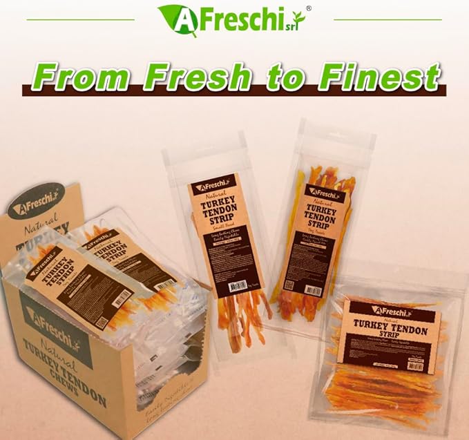 A Freschi srl Turkey Tendons for Dogs, USA-Sourced, Healthy Dog Treats, Rawhide-Free Puppy Chews, Long Lasting, All Natural, Hypoallergenic Dog Treats for Small Breeds, 3.53 oz Pack Strips