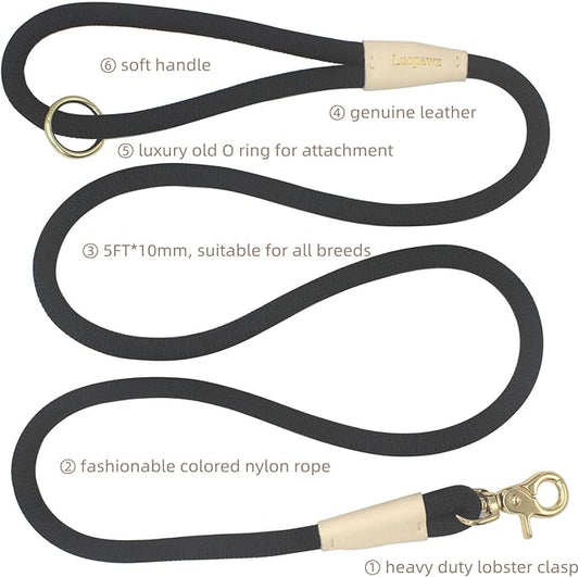 Lobster Snap Pet Leash 5FT, Special Strong Nylon Rope Dog Leash, Solid Color Rope Dog Lead for All Breeds (Black, 5ft*10mm)