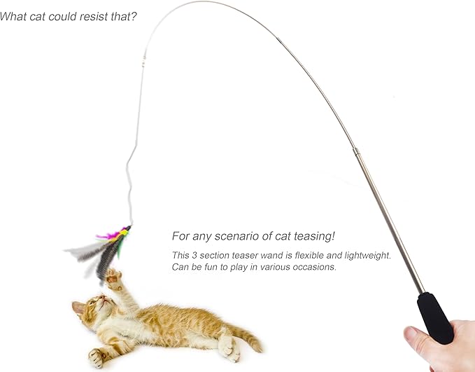 YOOGAO Pet Cat Toys Wand Retractable Interactive Feather Teaser Cat Toy with Bell, 5pcs Refills