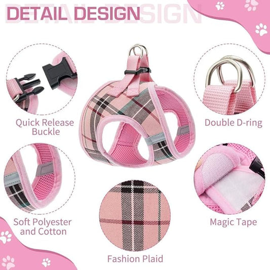 KOOLTAIL Dog Harness for Small Medium Dogs ,Dog Harness and Leash Set, Step in No Pull Soft Mesh Padded Adjustable and Reflective Pet Vest Harness Puppy, Plaid Extra Harness for XS S Dogs, Pink M