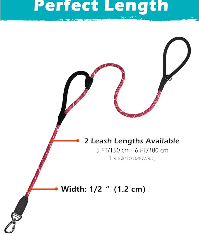 PetBonus Double Handle Rope Dog Leash, 6FT Heavy Duty Training Lead with Lockable Hook and 2 Comfortable Padded Handles, Reflective Walking Nylon Leash for Large Medium Dogs (55-200 lbs, Red)